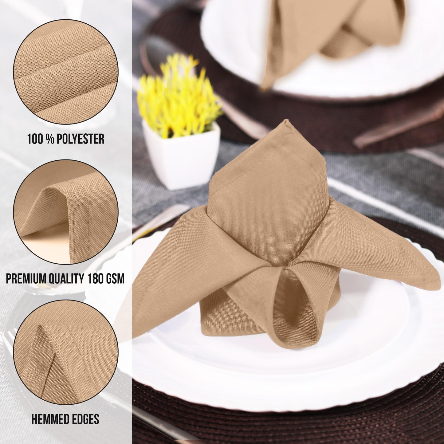 Utopia Home Beige Cloth Napkins (144 Pack, 20x20Inches), Ideal Dinner Napkins for Party, Wedding and Lunch/Dinner