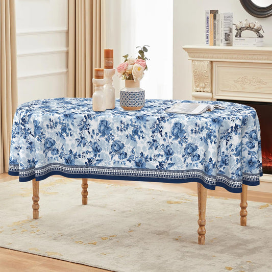 ZORKET Oval Tablecloth 60 x 102 Inch, Vintage Blue Floral Flower Oval Table Cloth, Washable Wrinkle Free Oval Table Cover for Kitchen Dinning Party