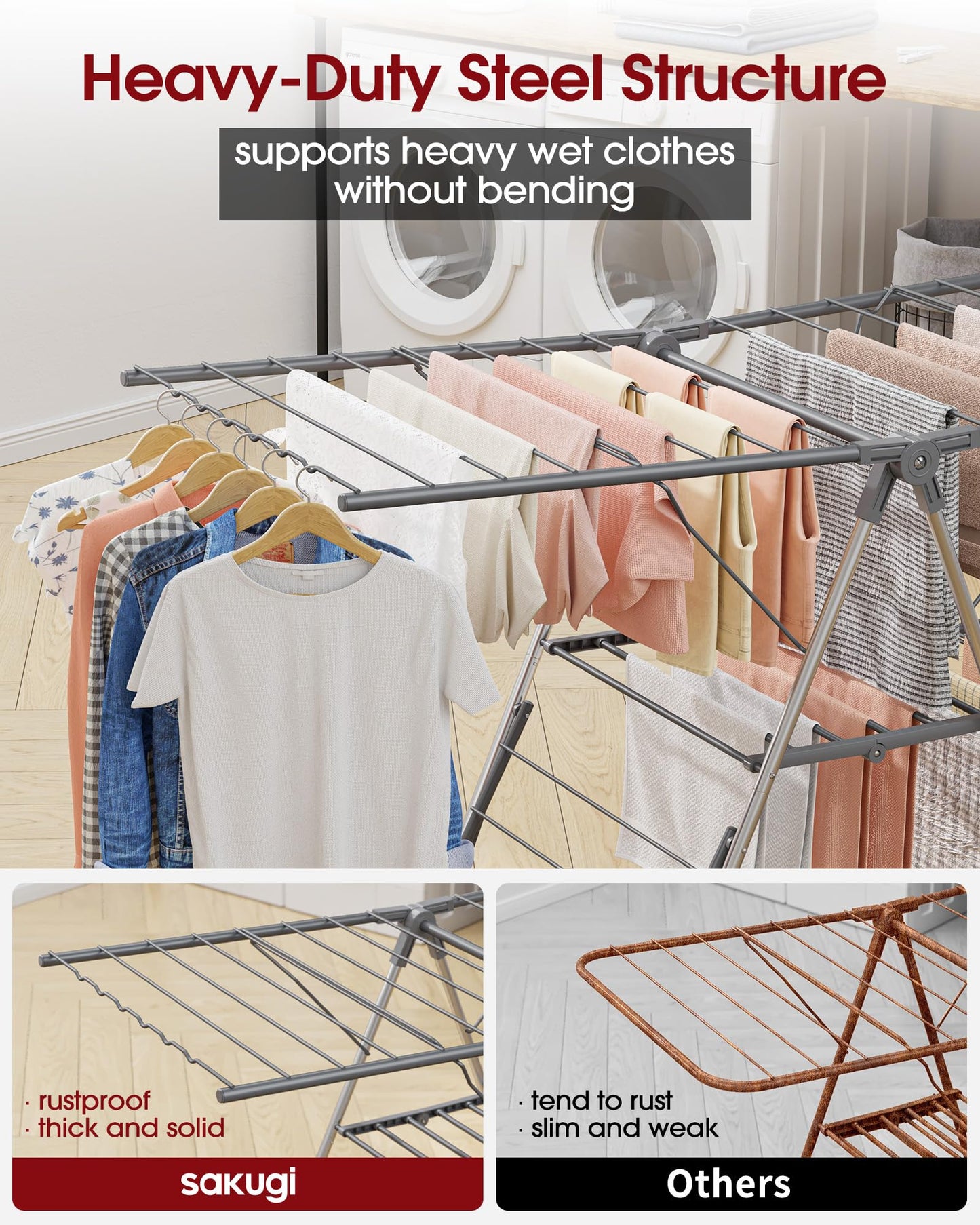 Sakugi Clothes Drying Rack, Foldable 2-Level Laundry Drying Rack with Height-Adjustable Wings, for Clothing & Bedding, Free-Standing Space-Saving Rack, Indoor & Outdoor, 55.5" L × 22.8" W, Gray