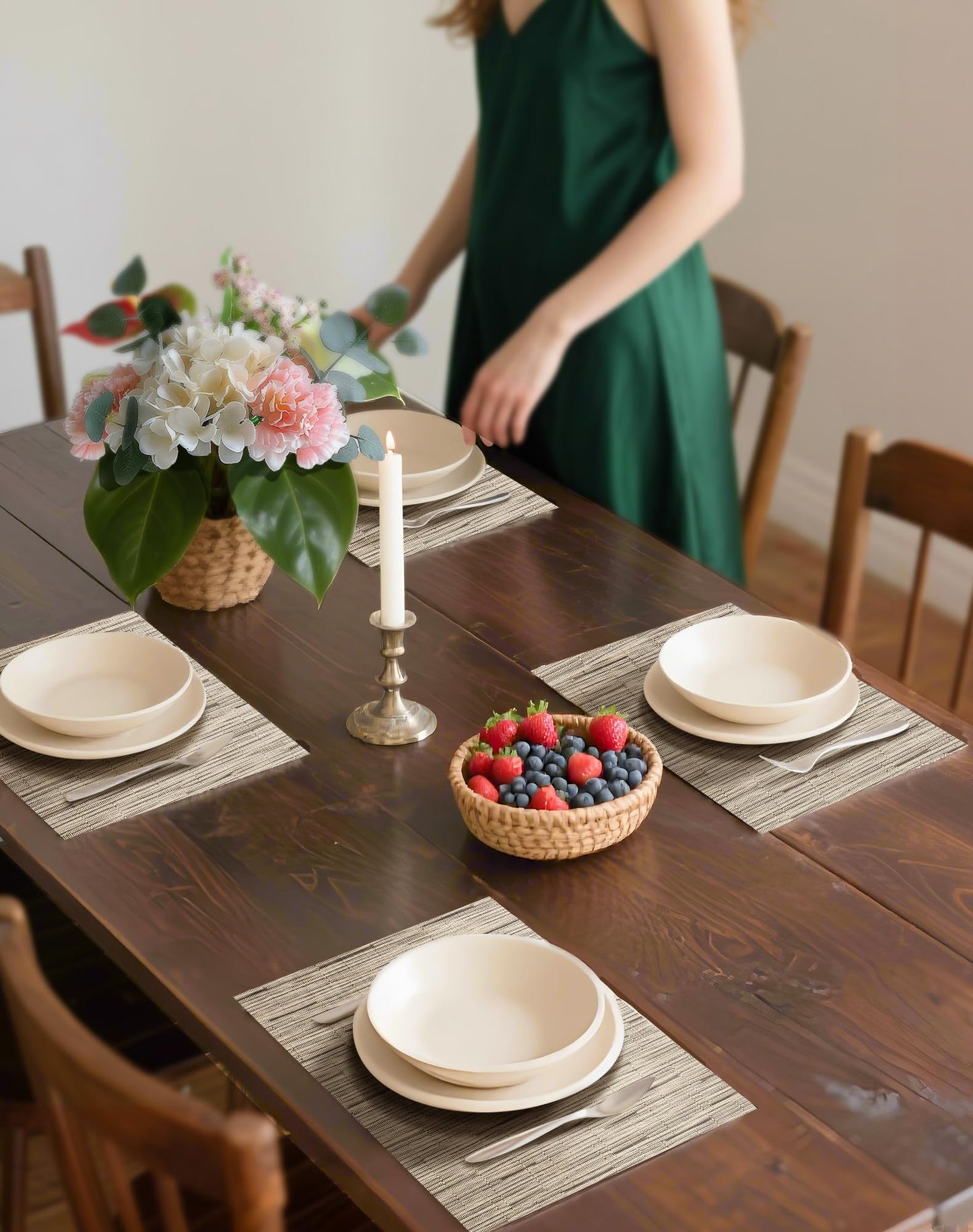 Leetaltree Light Brown Placemats Set of 24 - Heat Resistant Non-Slip Place mats for Dining Table, Washable Durable PVC Vinyl Woven Table Mats(Light Brown, 24)