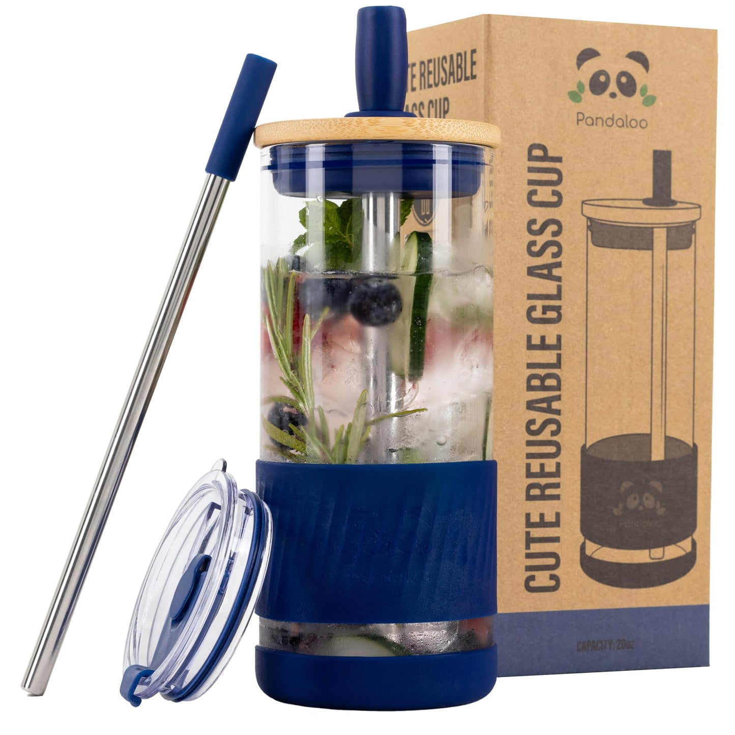 Pandaloo® Glass Cups With Lids and Straws -20 Fl Oz- Perfect Size Iced Coffee Cup - Smoothie Cup With Bamboo Lid and On the go Lid (Galactic Blue, 1 Count (Pack of 1))