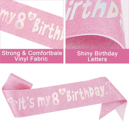 Canitor 8th Birthday Decorations for Girls Birthday Girl Crown Tiara & Glitter Sash Set for 8 Year Old Girl Birthday Gift Birthday Girl Headband Hat