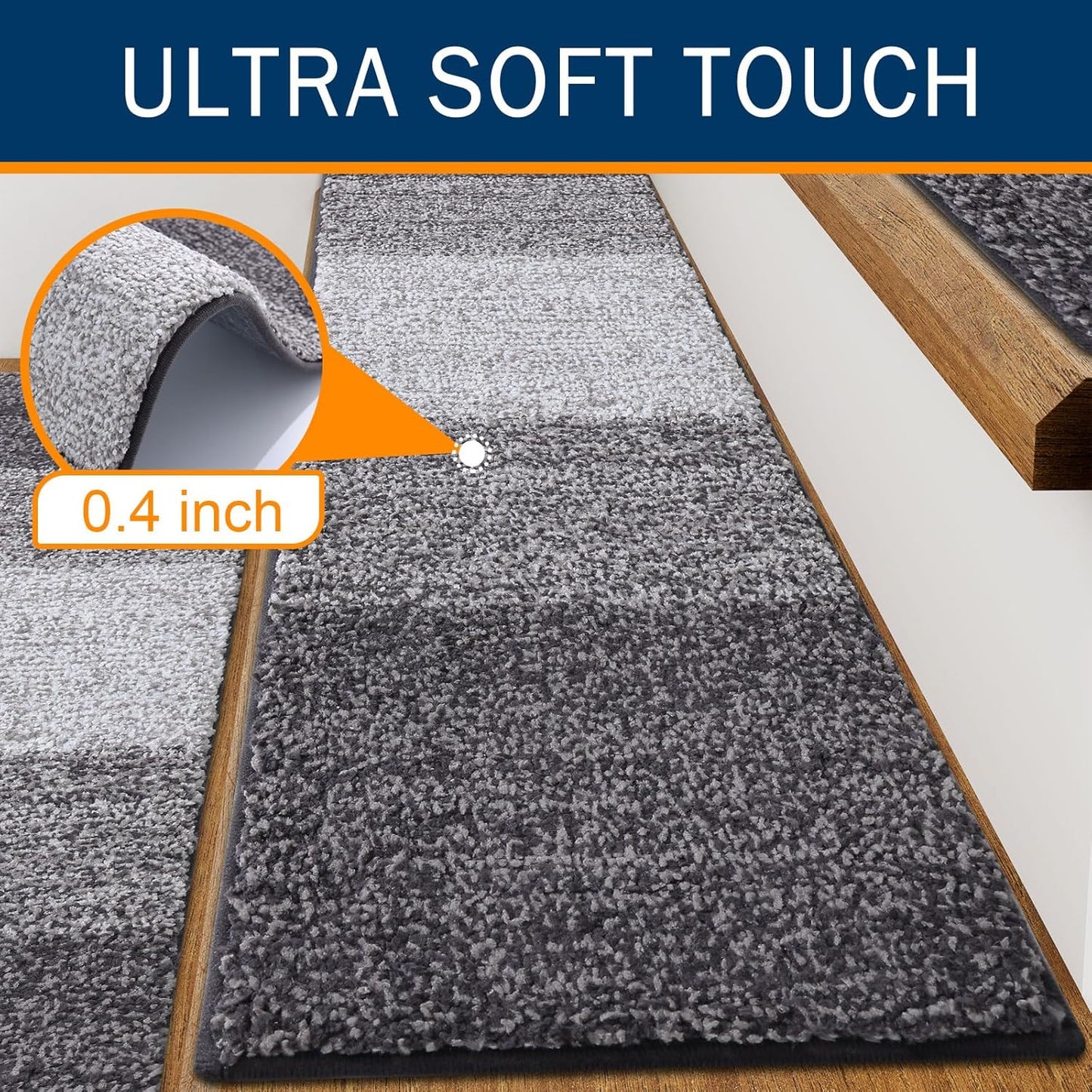 OLANLY Non-Slip Stair Treads - 15PCS Indoor Stair Runners for Wooden Steps | 8" x 30" Grey Edging Rugs with Reusable Adhesive for Kids, Elders, and Pets