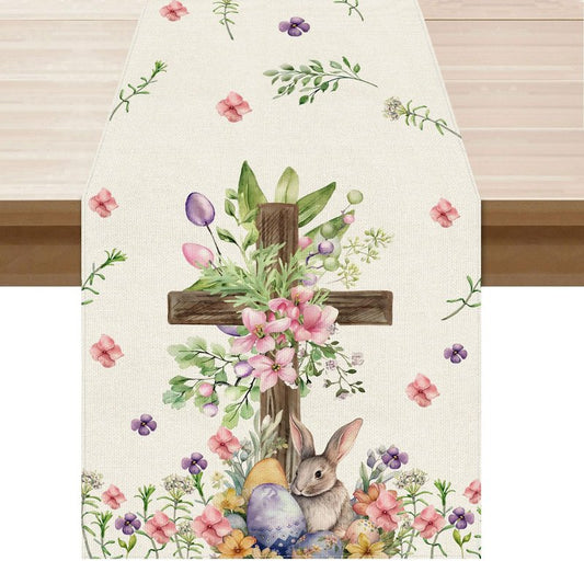 XCHI Watercolor Bunny Cross Colorful Eggs Flowers Leaves Rabbits Easter Table Runner Table Decoration for Party Home Kitchen Dining Holiday Decor 13x72 Inch