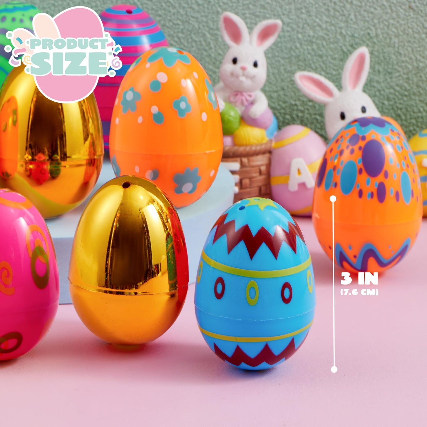 JOYIN 64 Pcs 3.15" Colorful Printed Eggs Include 8 Golden, Plastic Fillable Empty Eggs for Easter Hunt, Basket Stuffer Filler, Classroom Prize, Party Favors