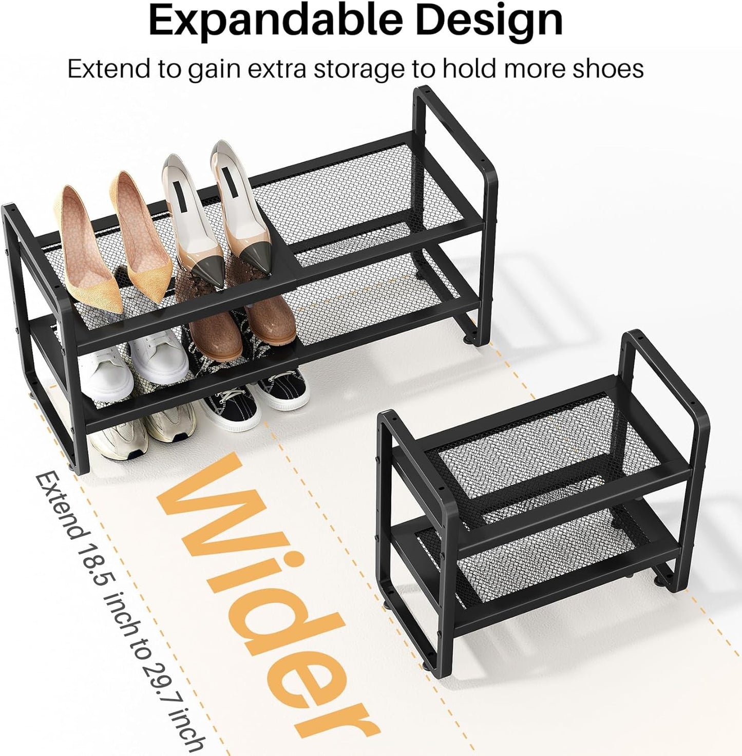 SNTD Shoe Rack - Expandable Shoe Organizer with Adjustable Metal Shelves | Black 2-Tier Storage for Closet & Entryway