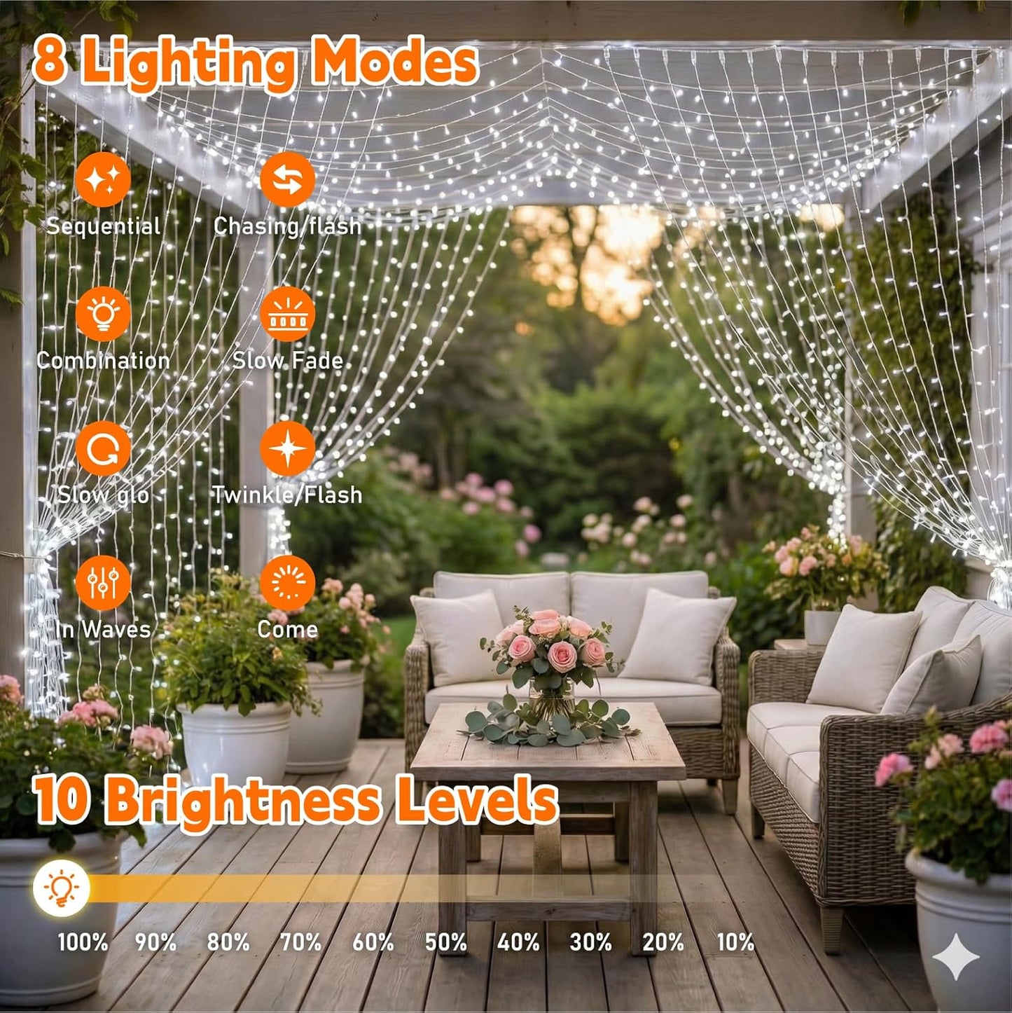 Skiennix 200LED Fairy Curtain String Lights - 6.6x6.6ft White Indoor Decor | 8 Modes Remote Control