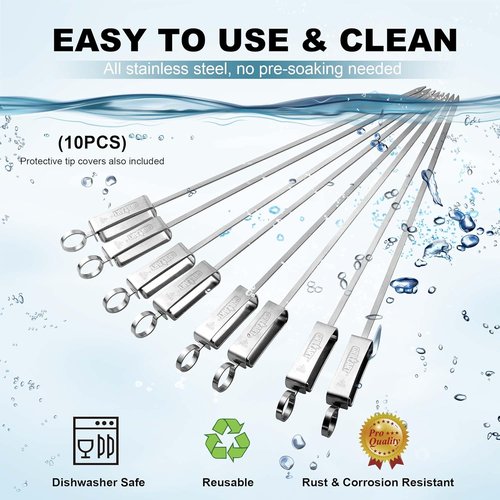 GRILLART Kabob Skewers - Stainless Steel BBQ Skewers with Slider | 17" Flat Skewers for Meat, Shrimp & Veggies (10PCS)