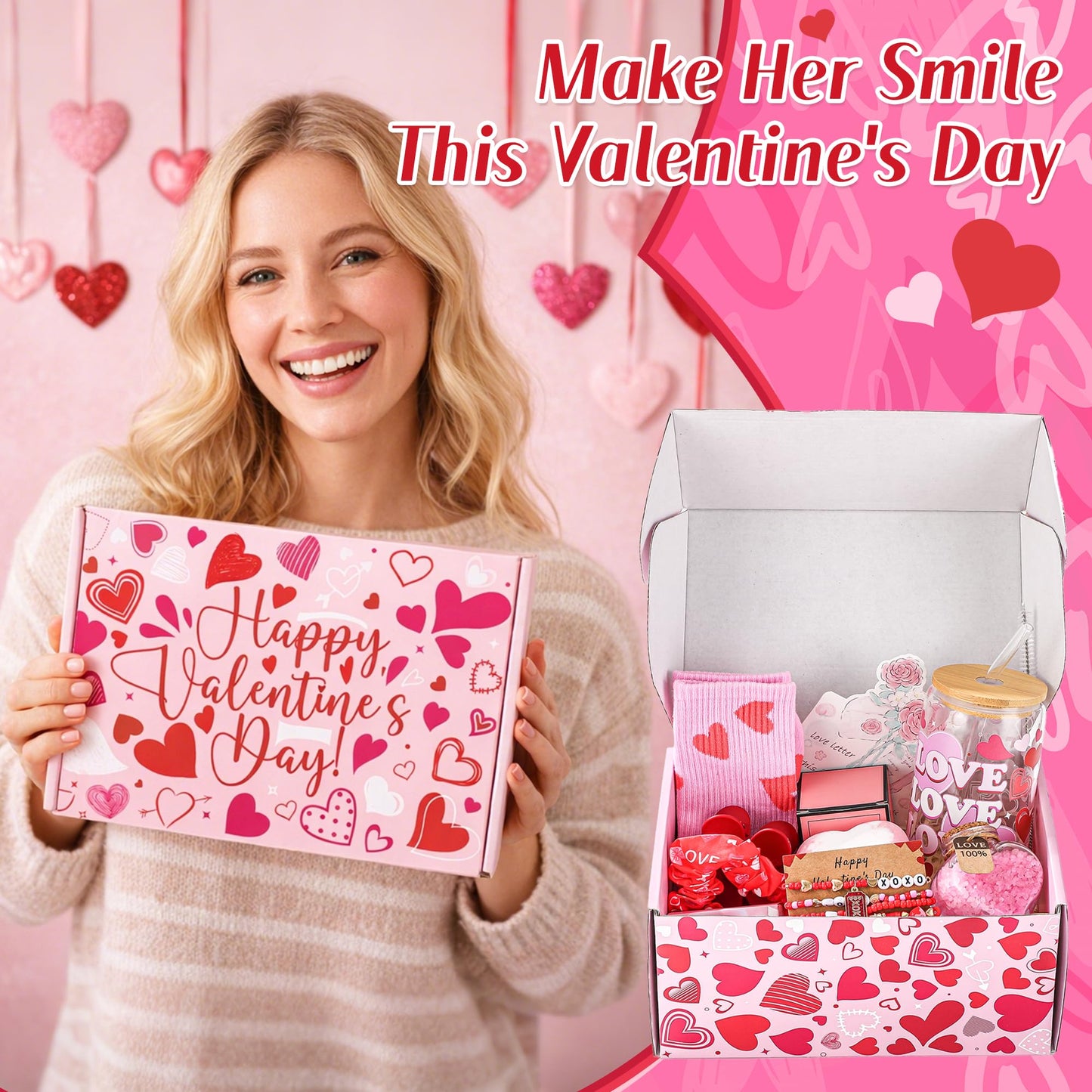 10 Pcs Valentine's Day Basket Gifts for Her, Valentine Gift Stuffers with 16 oz Glass Cup, Socks, Hair Clip, Candle, Heart Bath Salts Bottle Birthday Gift Set for Mom Wife Daughter Teen Girlfriend