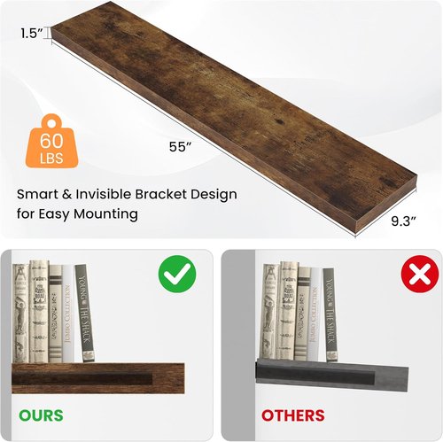 FLYJOE Floating Wall Shelf - 55"W Long Wooden Display Shelf with Invisible Brackets | Rustic Brown