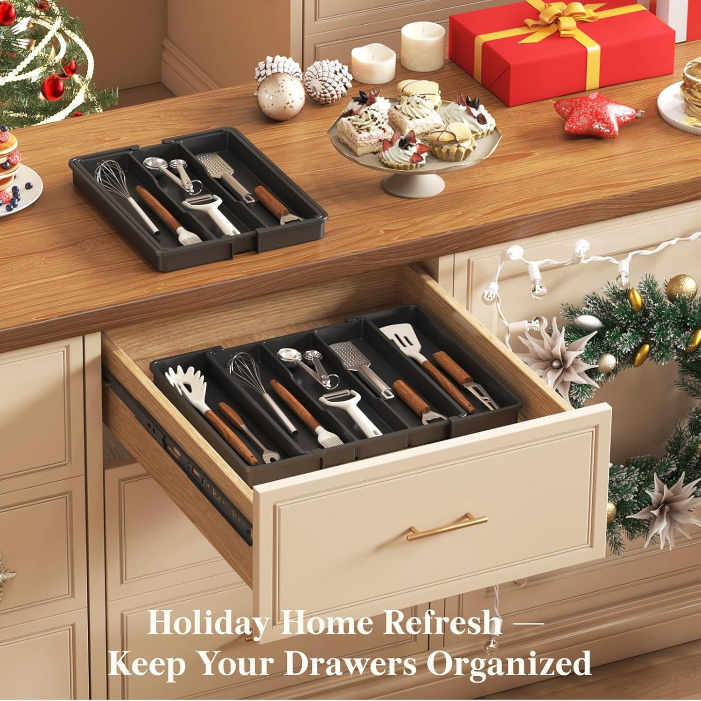 Lifewit Utensil Organizer for Kitchen Drawers, Expandable Cooking Utensil Tray, Adjustable Cutlery Silverware Flatware Holder, Plastic Spatula Tools Storage Divider, 11-18 x 14", Black