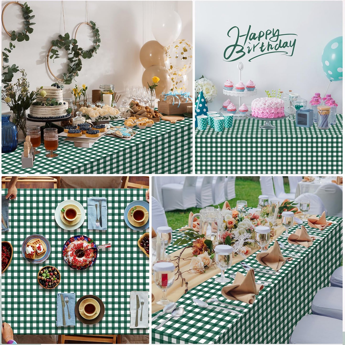 YIDAKO 3pcs 54X108inch Dark Green Checkered Tablecloth,Green Gingham Tablecloths Buffalo Plaid Disposable Plastic Table Covers for Birthday Baby Shower Bridal Wedding Party Birthday Decorations