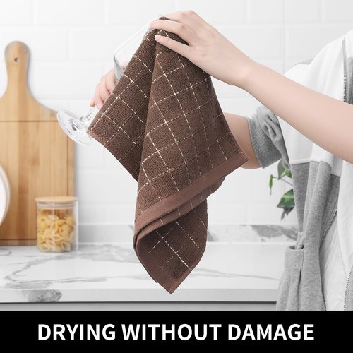 Homaxy 100% Cotton Terry Kitchen Towels(Brown, 13 x 28 inches), Checkered Designed, Soft and Super Absorbent Dish Towels, 4 Pack