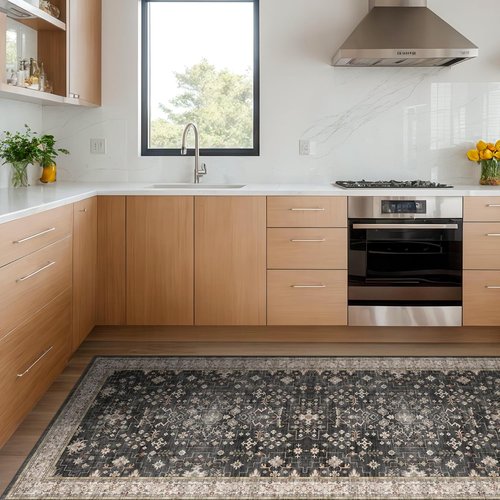Boho Black Kitchen Runner Rug - Washable 3x6 Non-Slip & Stain Resistant | Vintage Floral Design