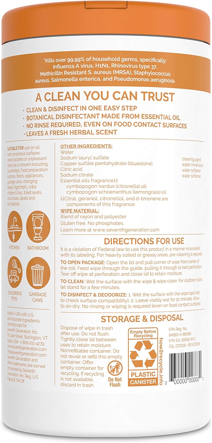 Seventh Generation Disinfecting Multi-Surface Wipes - Botanical Formula, 70 Count | Pack of 6