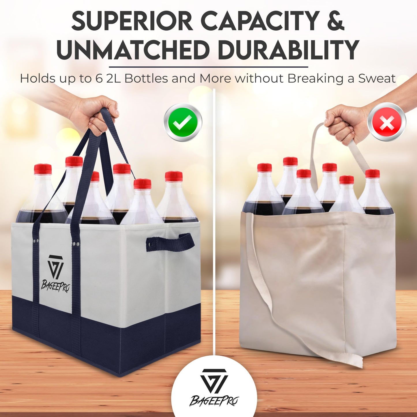BageePro 2Pack Collapsible Tote Bags | Reusable Grocery Bag | Foldable Heavy Duty Shopping Bags with Handles for Food, Storage, and Groceries | Large Utility Tote Organizer | Navy Blue