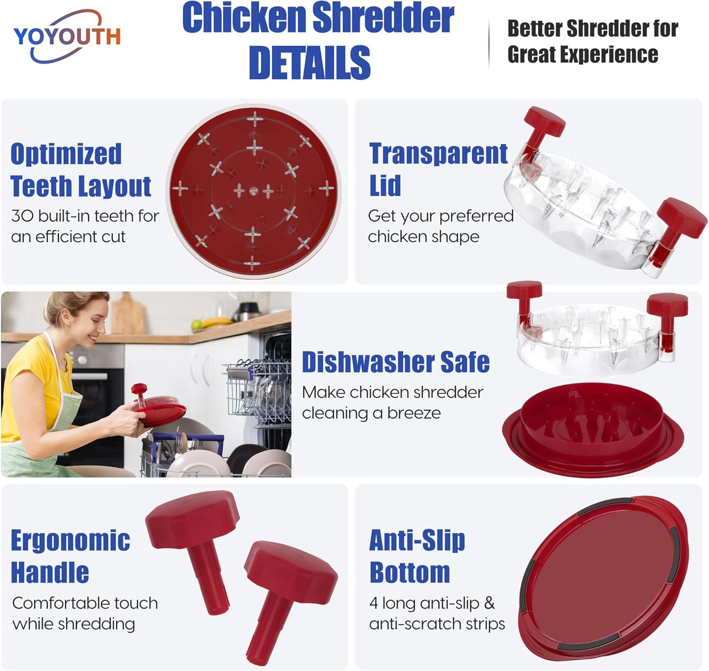 Skiennix Chicken Shredder Tool - Pro Food-Grade Meat Shredder with Ergonomic Handle & Anti-Slip Base | Red