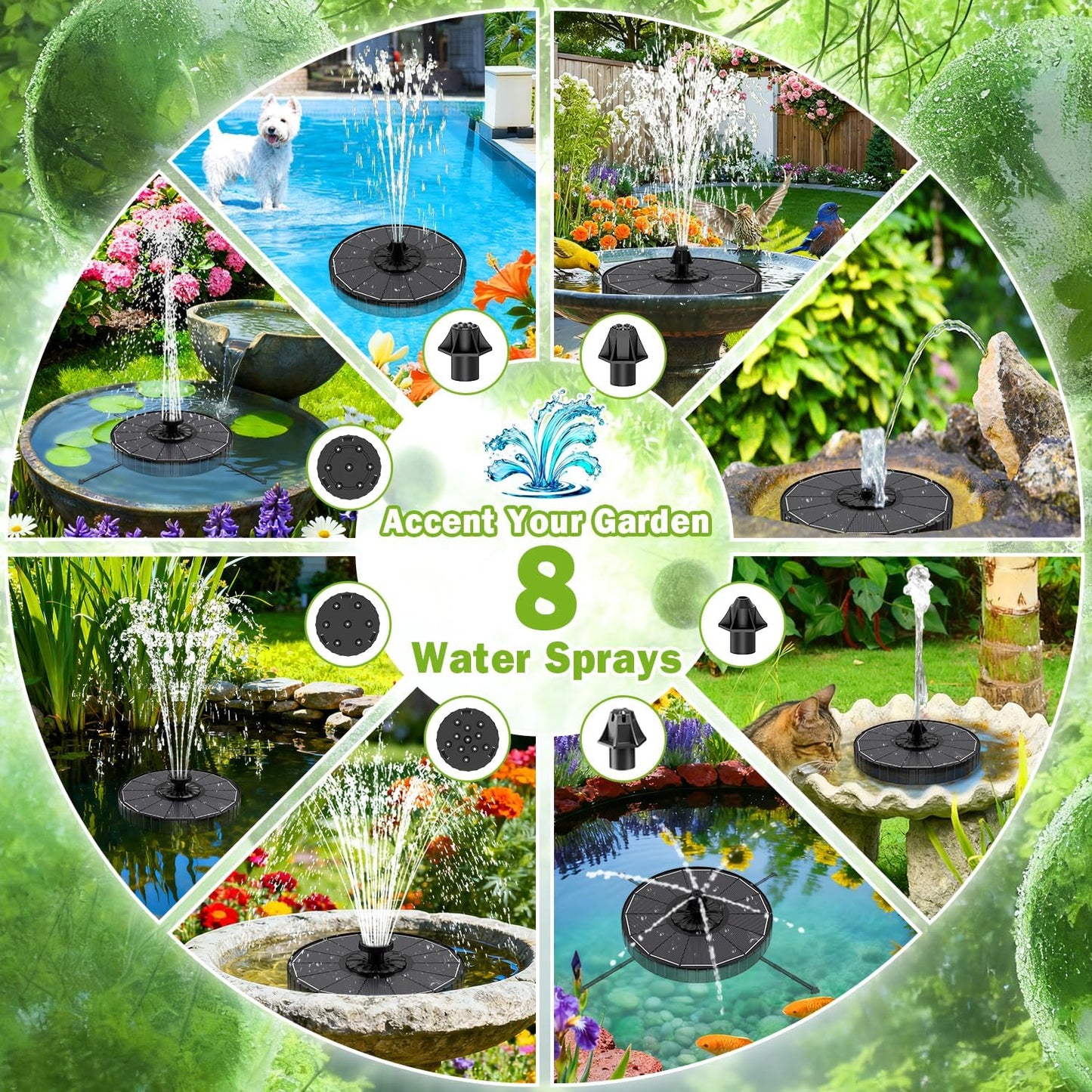 SZMP Solar Fountain - 3 Spray Heights & 7 Nozzles | 3.5W Glass Bird Bath Pump for Garden, Pool, Pond