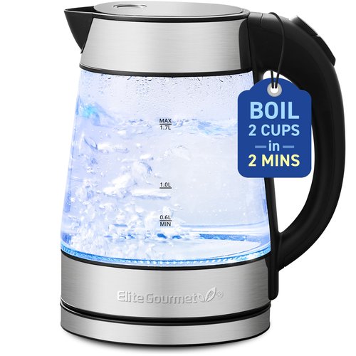 Elite Gourmet EKT-602 Electric BPA-Free Glass Kettle, Cordless 360° Base, Stylish Blue LED Interior, Handy Auto Shut-Off Function – Quickly Boil Water For Tea & More