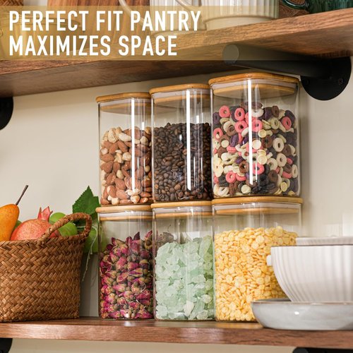 D2scrma Airtight Glass Storage Canisters - Set of 4 Square Jars with Bamboo Lids | 37oz for Pantry Organization