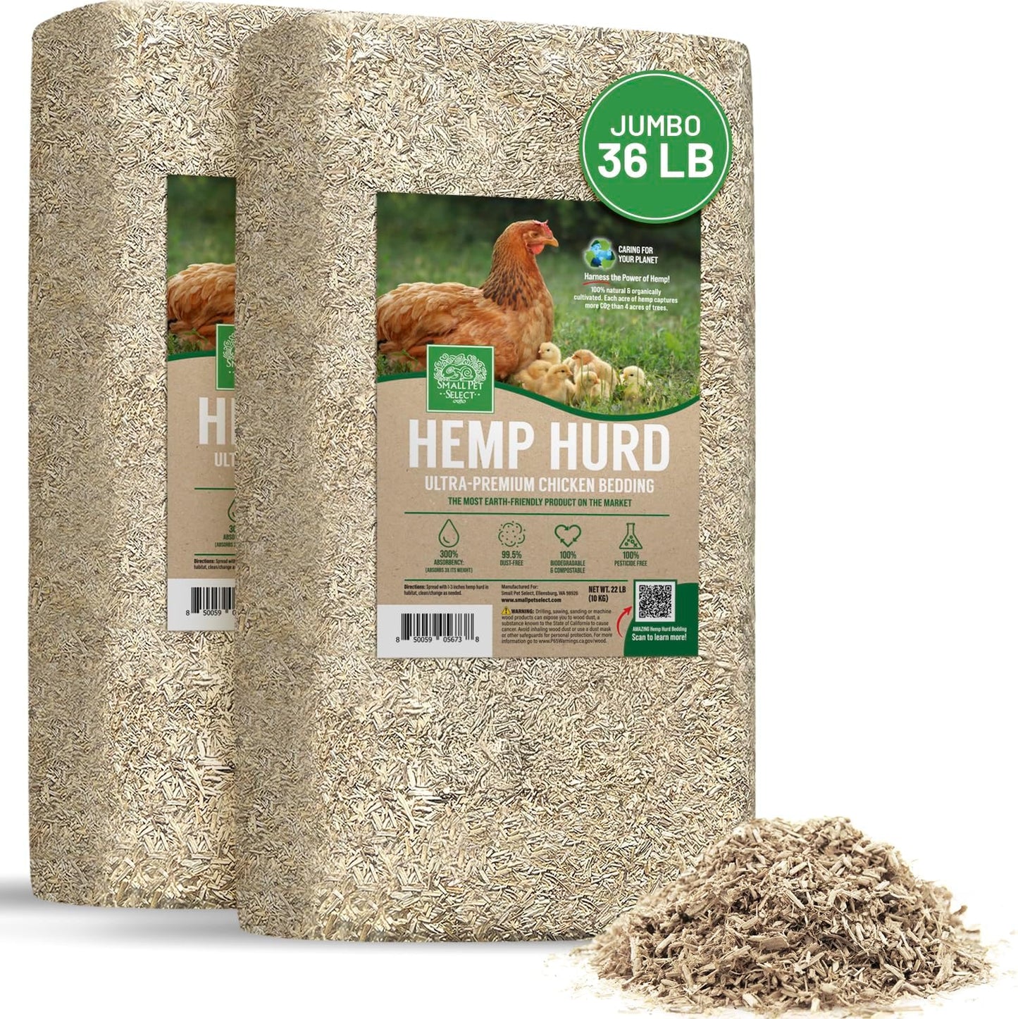 Small Pet Select - Jumbo Hemp HURD Chicken Bedding | Eco-Friendly, Biodegradable, 36 lb (Two 18 lb Bags)