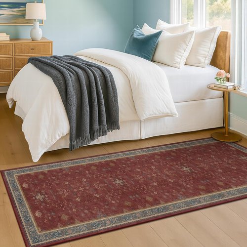 Boho 2x7 Long Runner - Washable Non-Slip Indoor Floor Mat for Kitchen & Entryway, Dark Red Floral Design