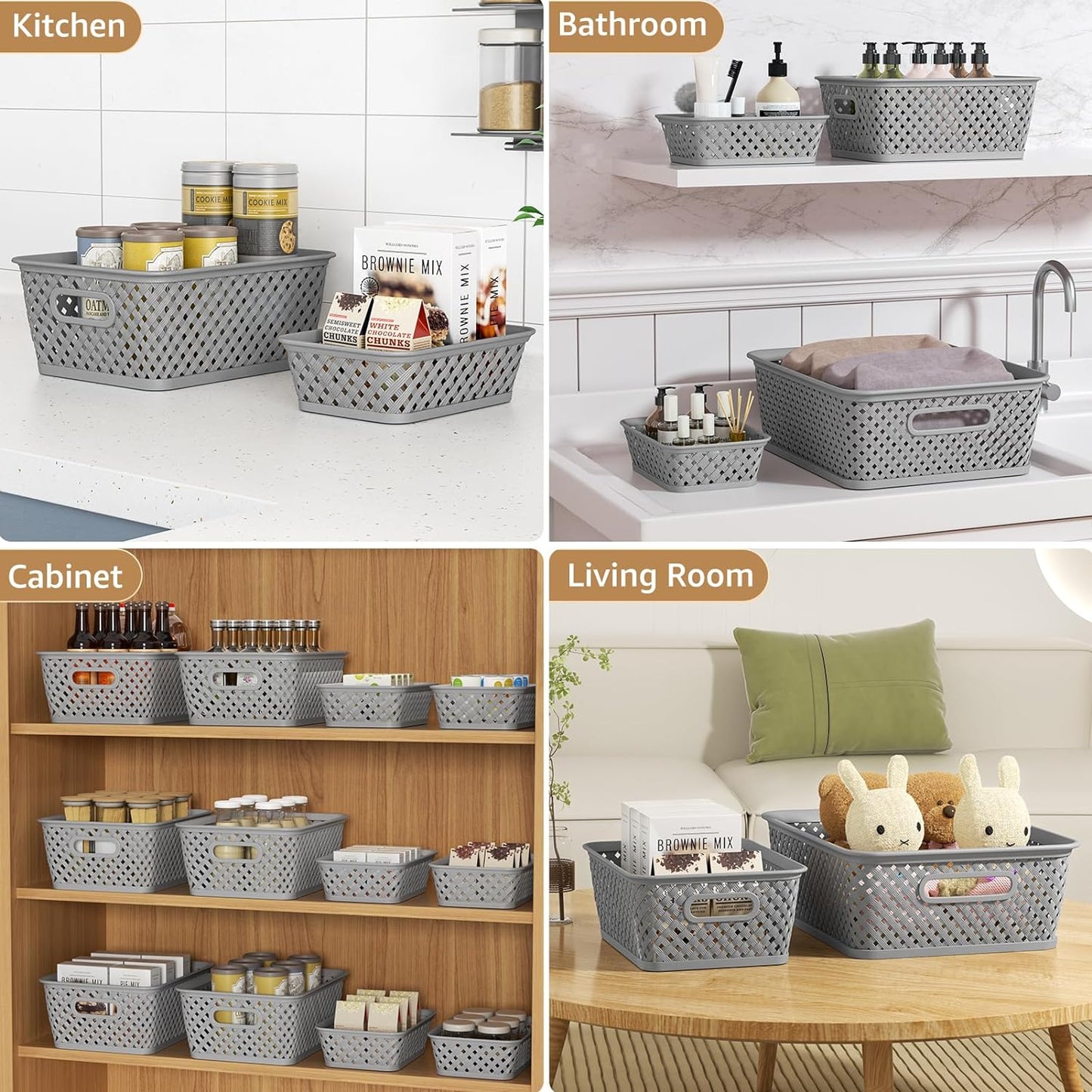 MaxGear Plastic Bins Organizer - 3 Pack Woven Storage Baskets with Handles | Large Grey Bins for Home & Office