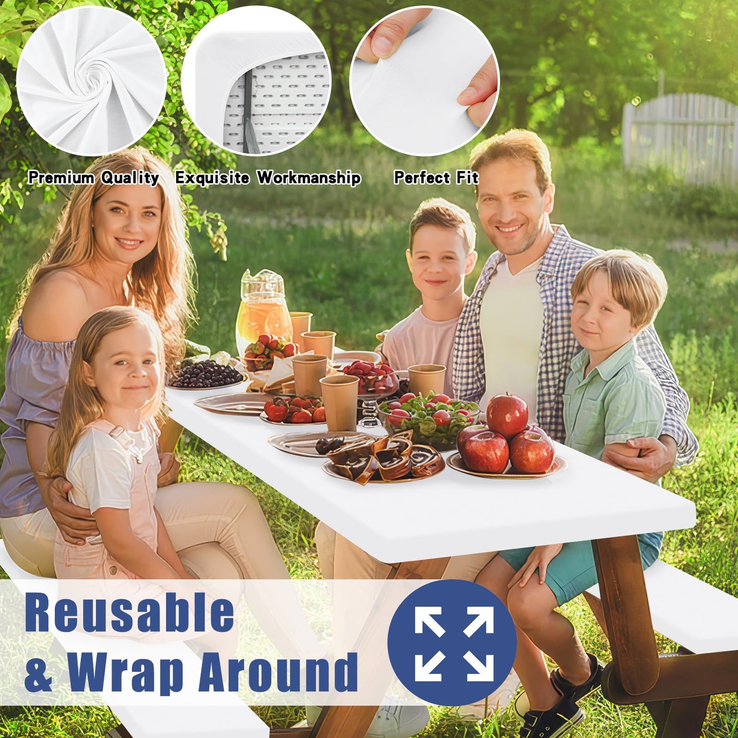 Moosfor Picnic Table Cover with Bench Covers, Elastic Fitted Spandex Tablecloths for 6 Foot Rectangle Tables, Stretch Washable Patio Tablecloth for Outdoor, Camping (White, 30"x72")