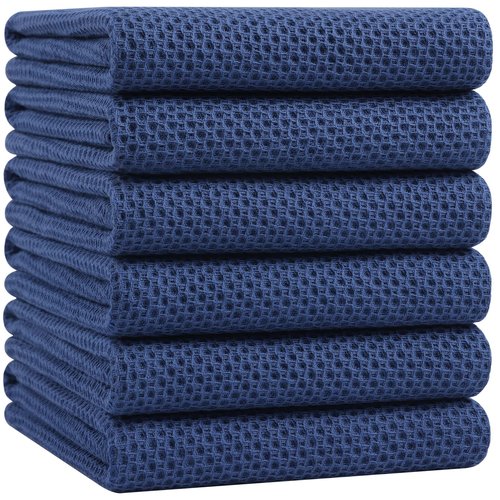 Homaxy 100% Cotton Waffle Weave Kitchen Dish Towels, Ultra Soft Absorbent Quick Drying Cleaning Towel, 20x28 Inches, 6-Pack, Navy Blue