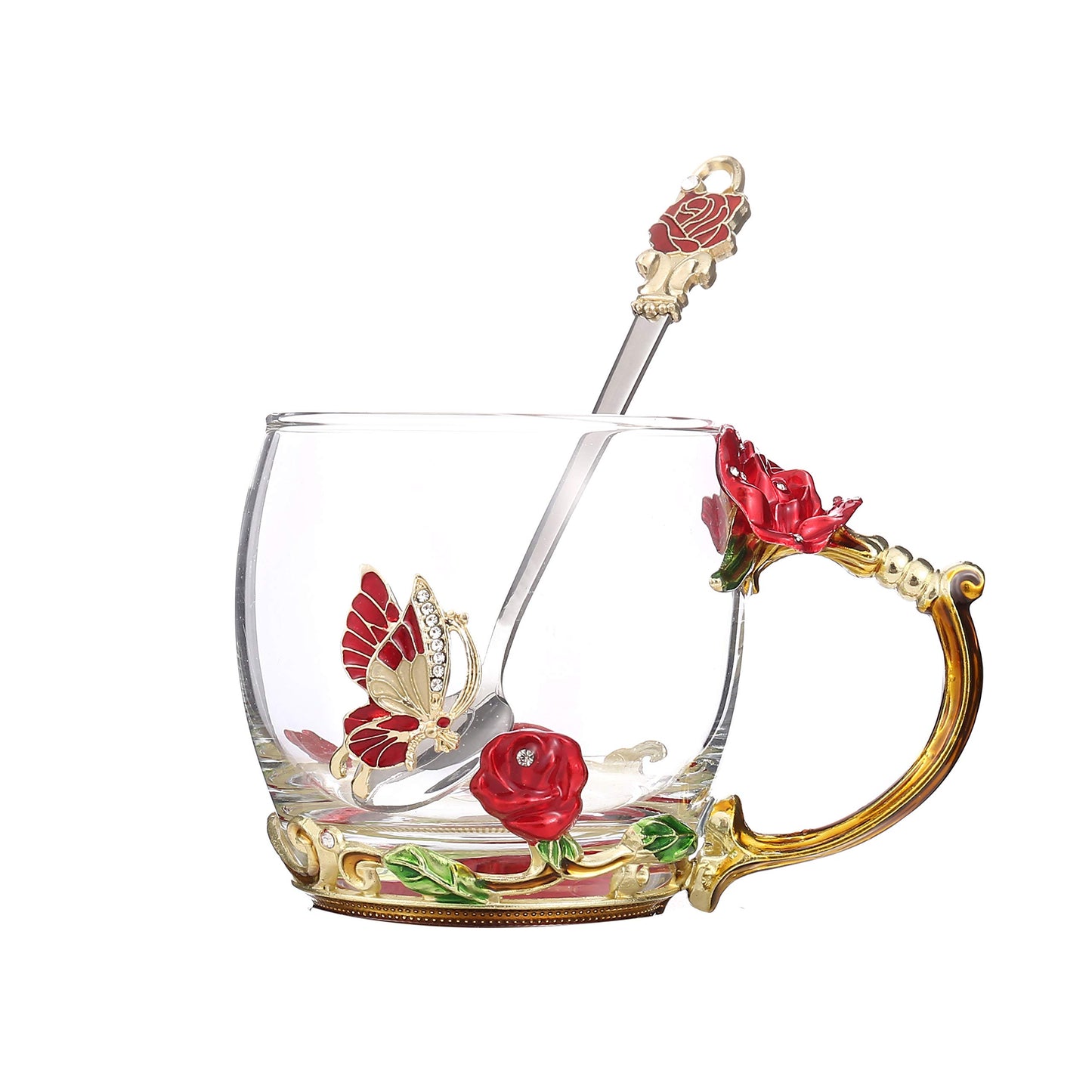 Tea Mug,Coffee Spoons,Glass Tea Cups,Coffee Cups Glass,Glass Mugs with Handles,Tea Lovers Gifts for Women,Butterfly Gifts for Women,Tea Sets for Women, Gift Ideas for Women. (Dwarf Red Rose Tea Cup)