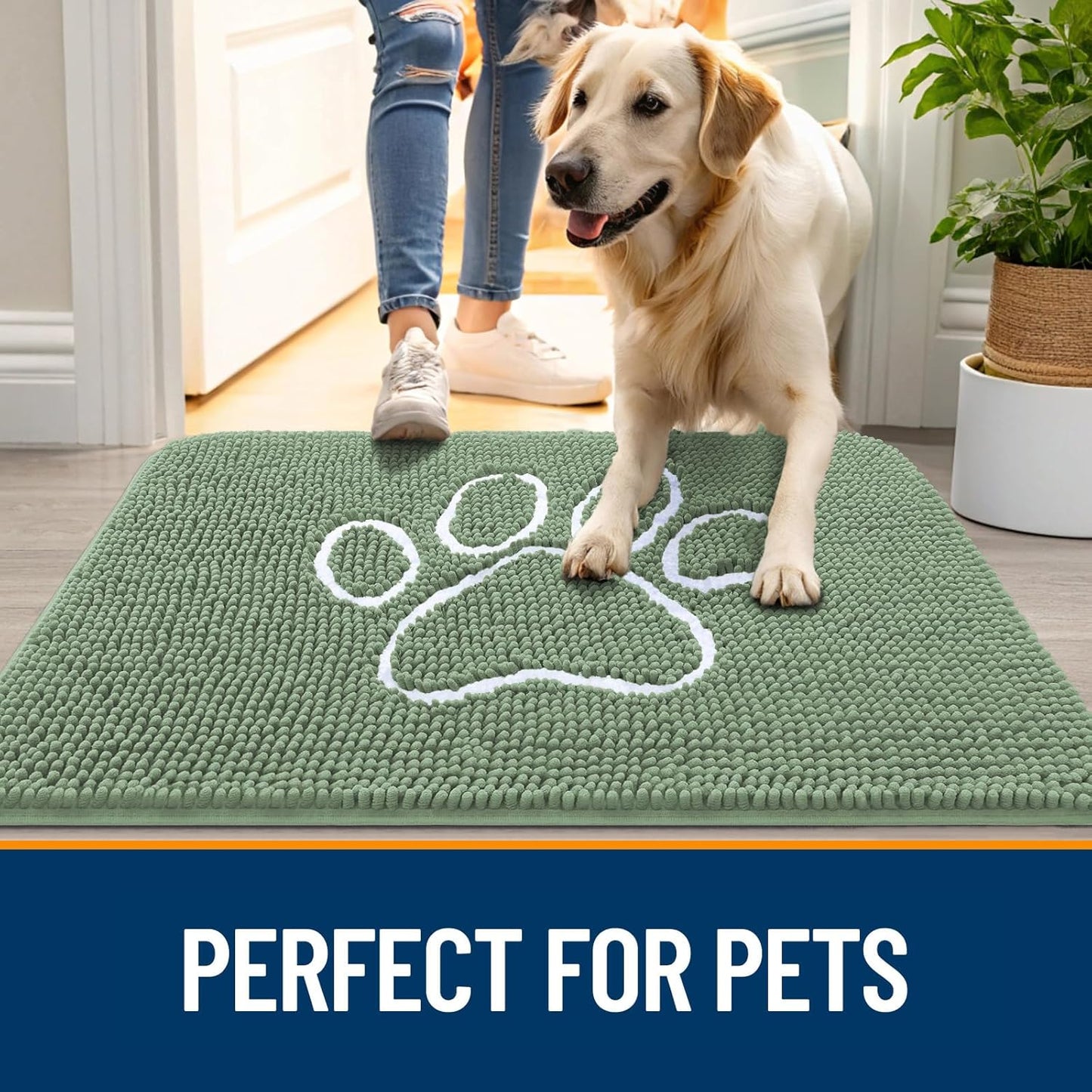OLANLY Dog Door Mat - Muddy Paws Absorbent Design | Non-Slip Washable Chenille 36x24, Olive Green