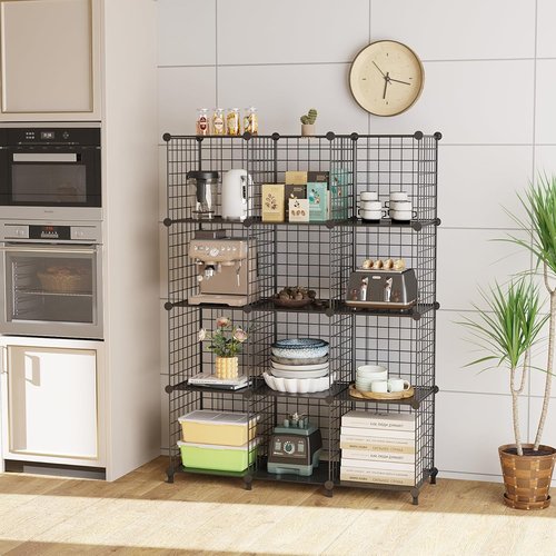 ATTJL12B - 12-Cube Storage Organizer | Metal Wire Shelving Unit for Modular Grid Bookshelf - Black, 11.8" L x 11.8" W x 11.8" H