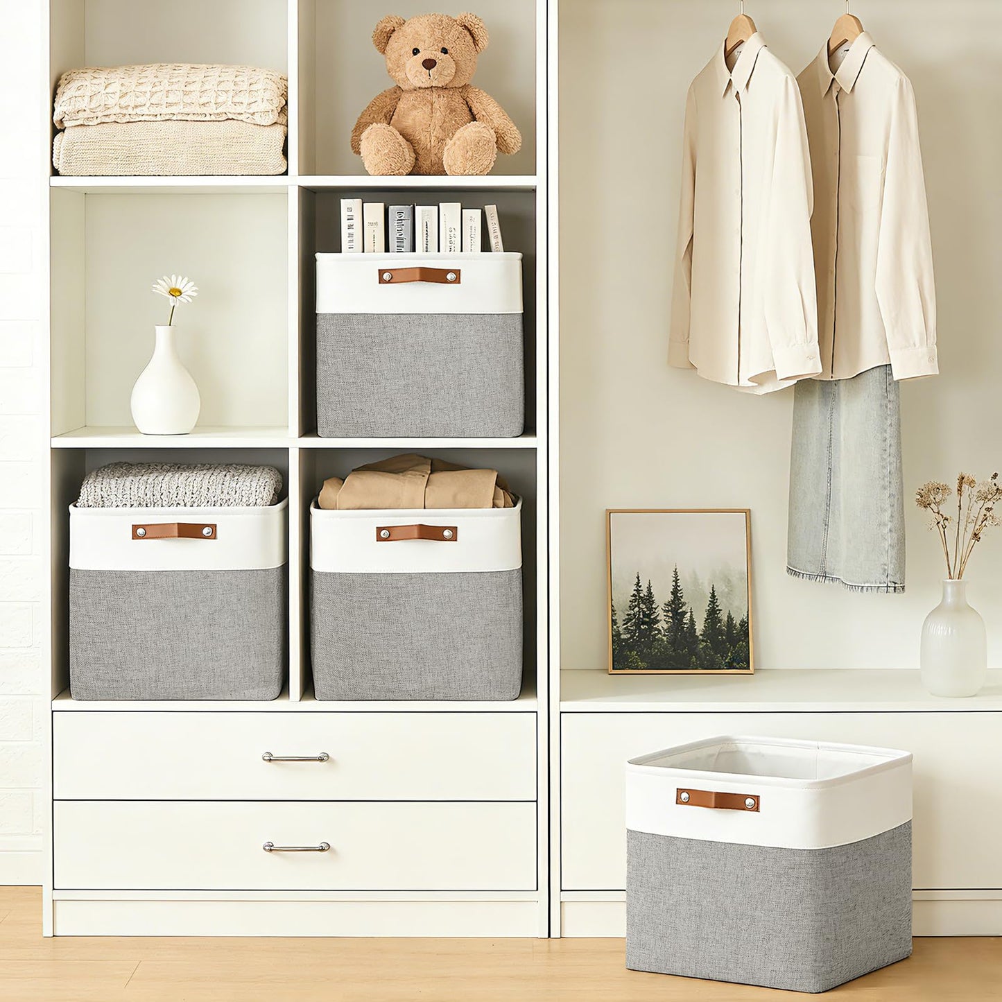 Bagnizer 13x13 Cube Storage Bins, Collapsible Fabric Storage Box, 4 Pack Closet Baskets with Handles for Organizing, Shelf, Toys, Clothes, Home, Office, Nursery (Grey&White)