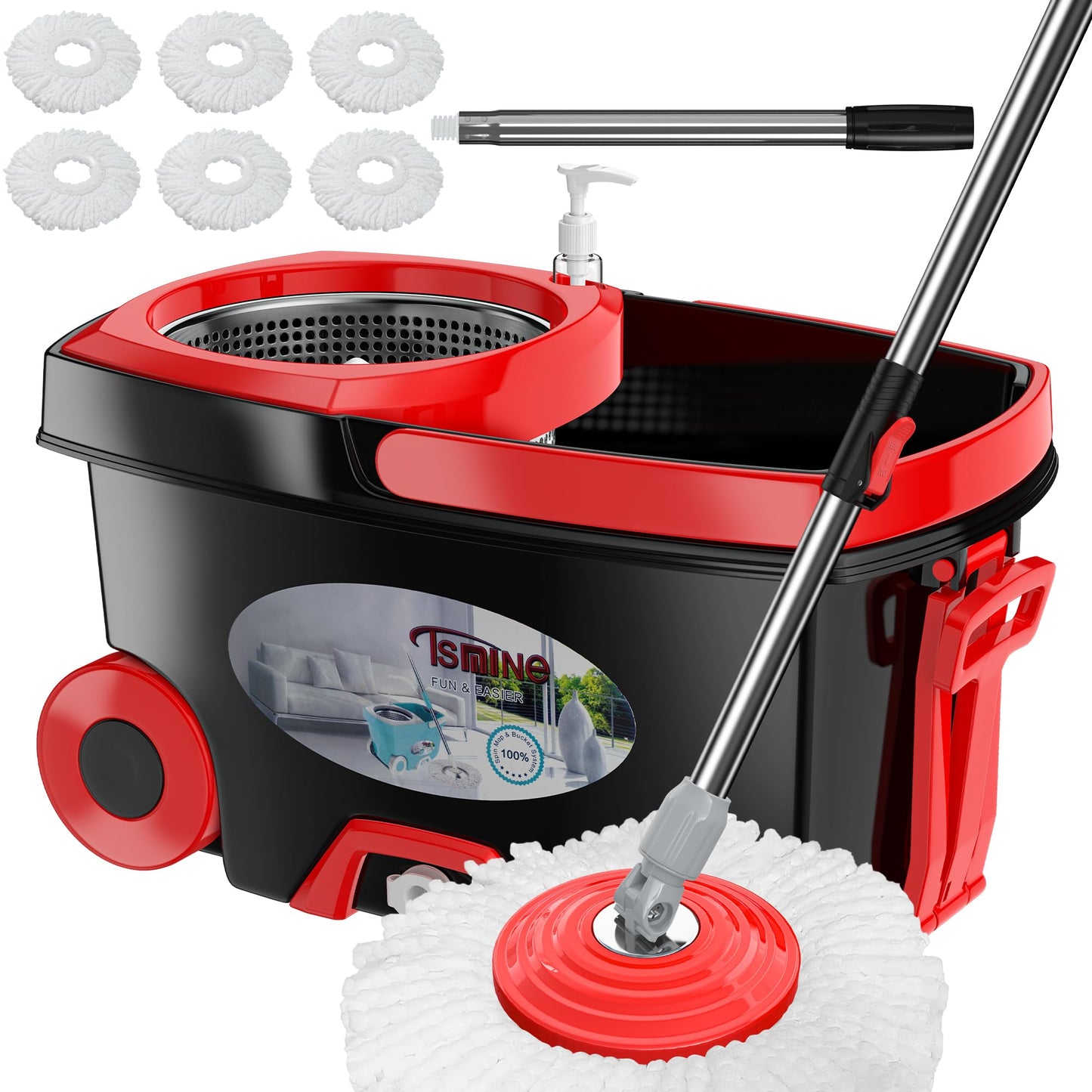 FunClean 360° Spin Mop and Bucket Set with Wringer, 6 Extra Microfiber Heads, 61" Extended Handle for Effortless Floor Cleaning, 2X Wheel Design - Black