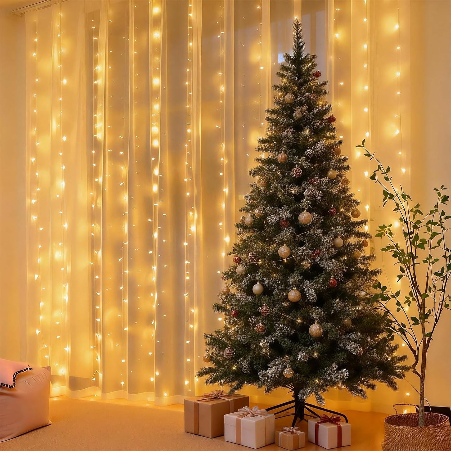Skiennix 300 LED Fairy Curtain Lights - Dimmable Twinkle Lights with Remote & Timer | 9.8ft x 9.8ft, Warm White