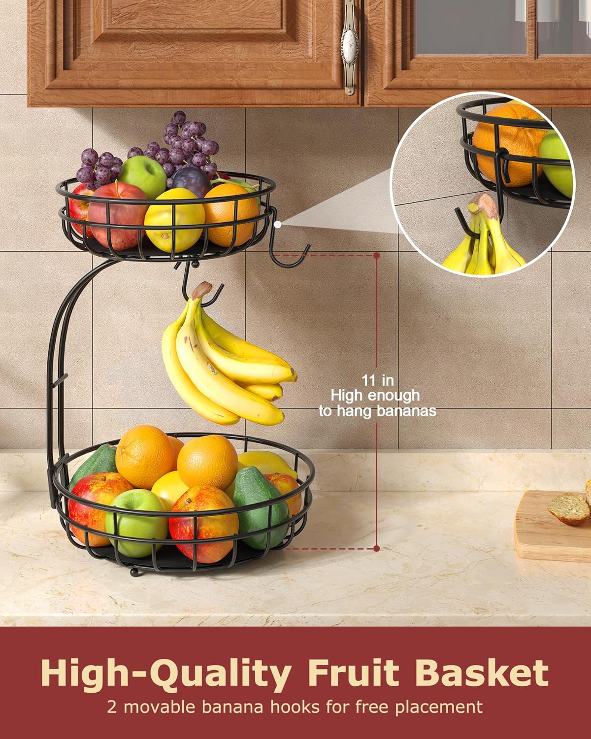 Sevenblue 2-Tier Large Fruit Basket - Sturdy Iron Kitchen Counter Bowl with Removable Banana Hanger | Black