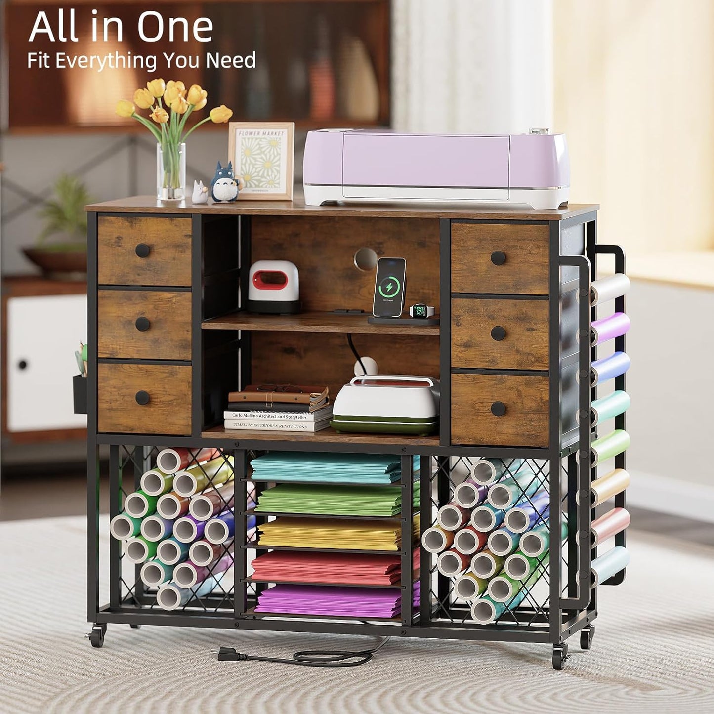 VENNQD Craft Cart - Cricut-Compatible Table with Charging Station & 48 Vinyl Roll Holders | Rustic Brown