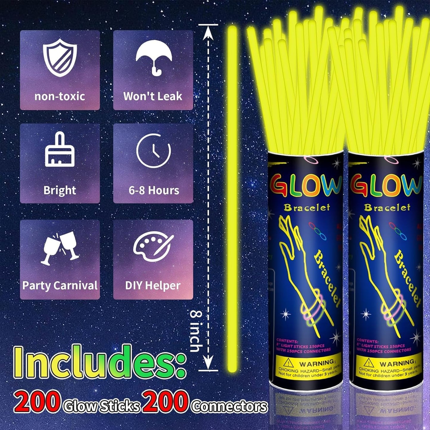 Skiennix 200-Pack 8'' Glow Sticks - Neon Yellow Light-Up Party Favors with Connectors for Birthdays & Holidays