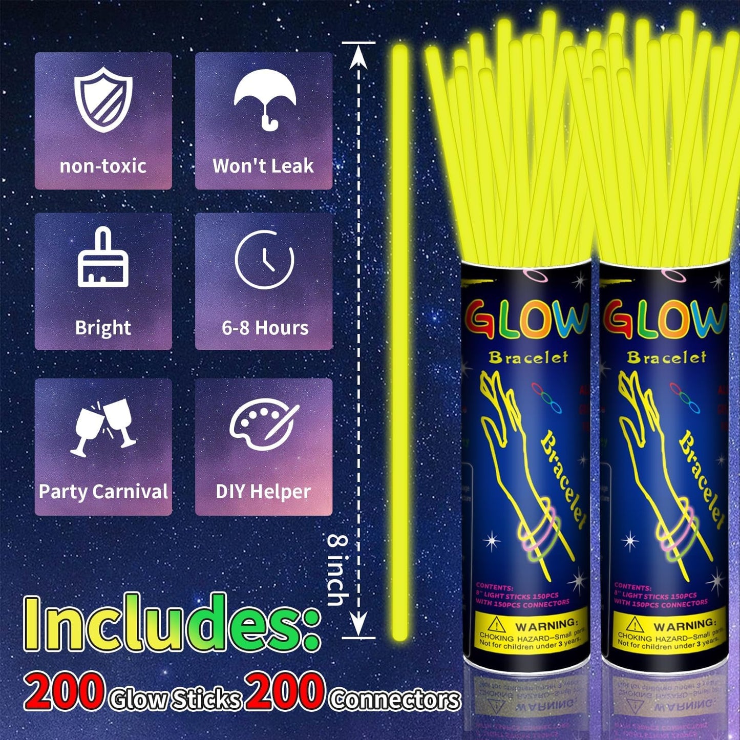 Taikula 200 Pack 8'' Glow Sticks Bulk Party Favors Yellow Light Up Sticks with Connectors Neon Glow in the Dark Party Supplies Bracelets for Holiday Birthday Party Decoration(Yellow)