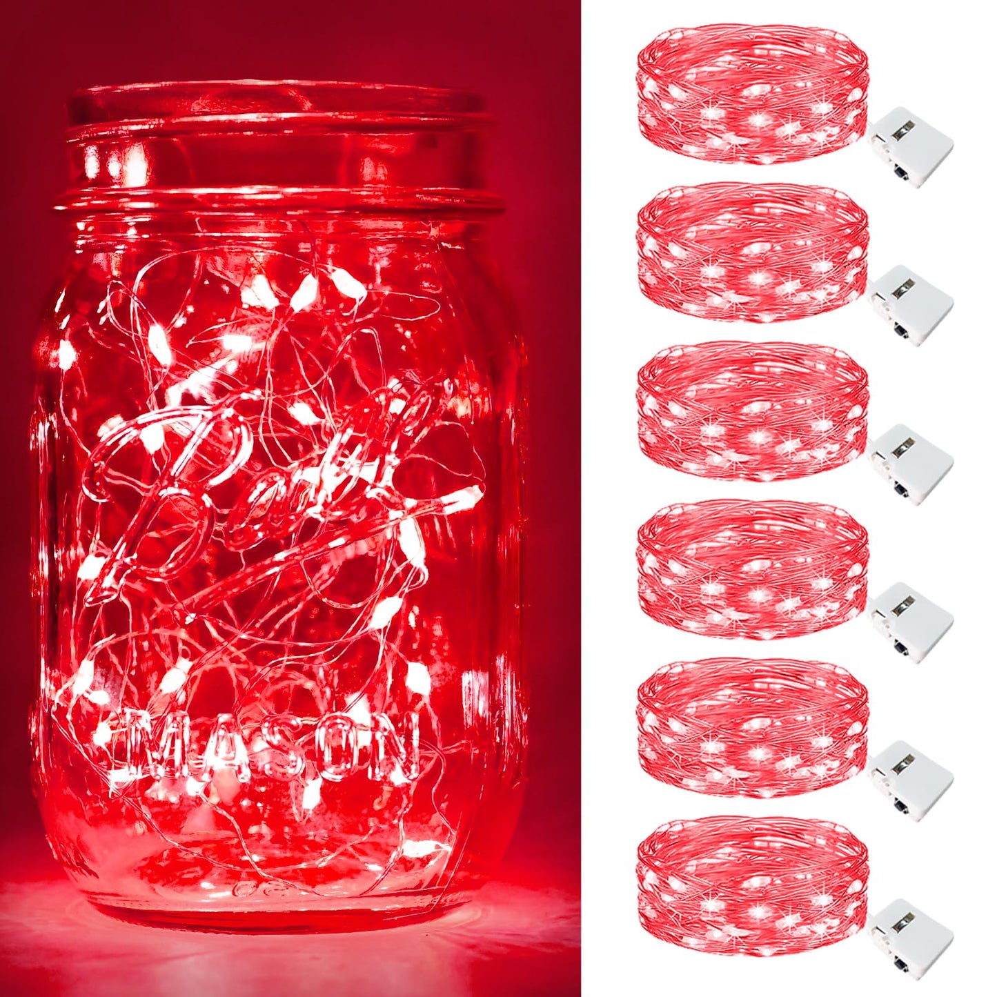 btfarm 6 Pack Fairy Lights Battery Operated [3 Modes], 7ft 20 Led Twinkle Lights String Lights Waterproof Bulk Small Mini Silver Wire for Christmas Mason Jars Wedding Table Centerpiece, Red