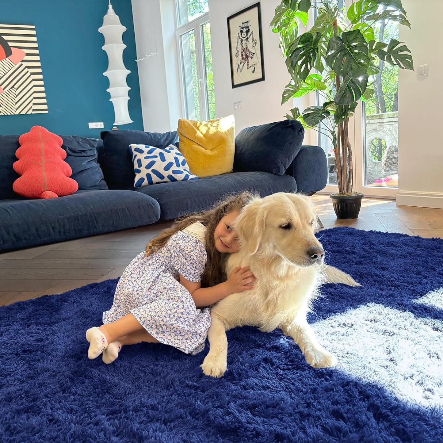 OLANLY 3x6 Machine Washable Runner Rug - Soft Fluffy Shaggy Carpet for Bedroom & Hallway | Navy Blue