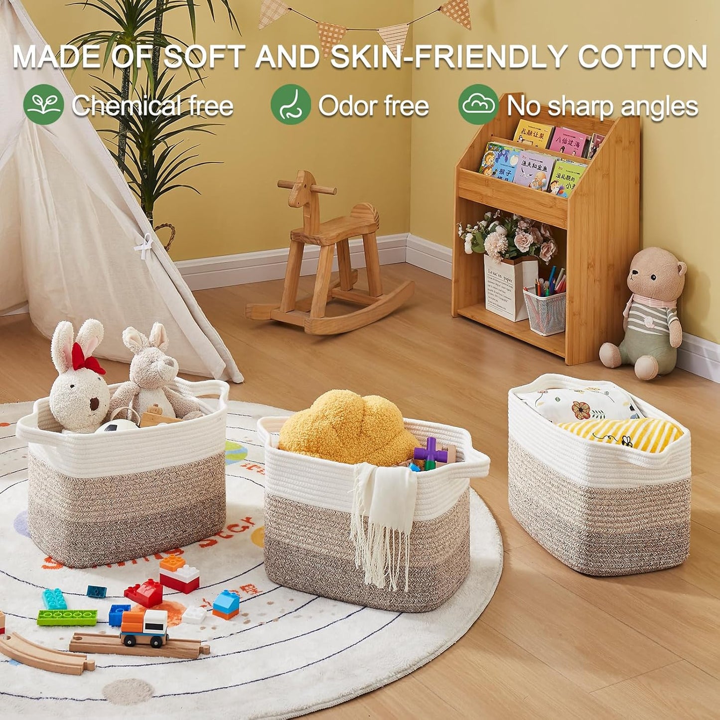 OIAHOMY Woven Storage Basket Set - Cotton Rope Baskets for Toys & Towels | Pack of 3, Gradient Yellow