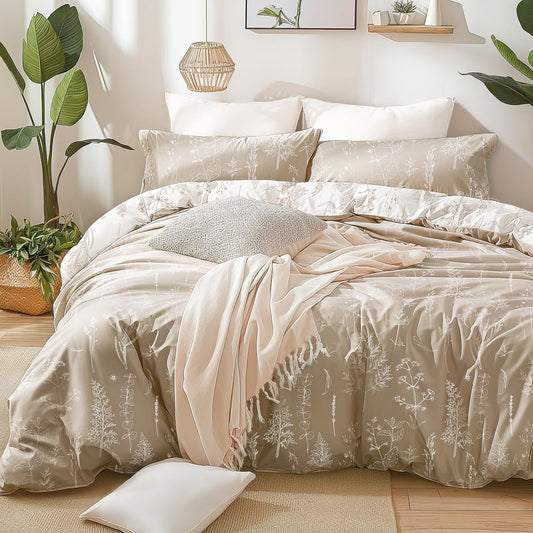 Love's cabin Light Taupe Full Comforter Set - Full Size Comforter Set, 3 Pieces Cute Floral Bedding Sets for All Seasons,1 Soft Reversible Botanical Flowers Comforter and 2 Pillow Shams