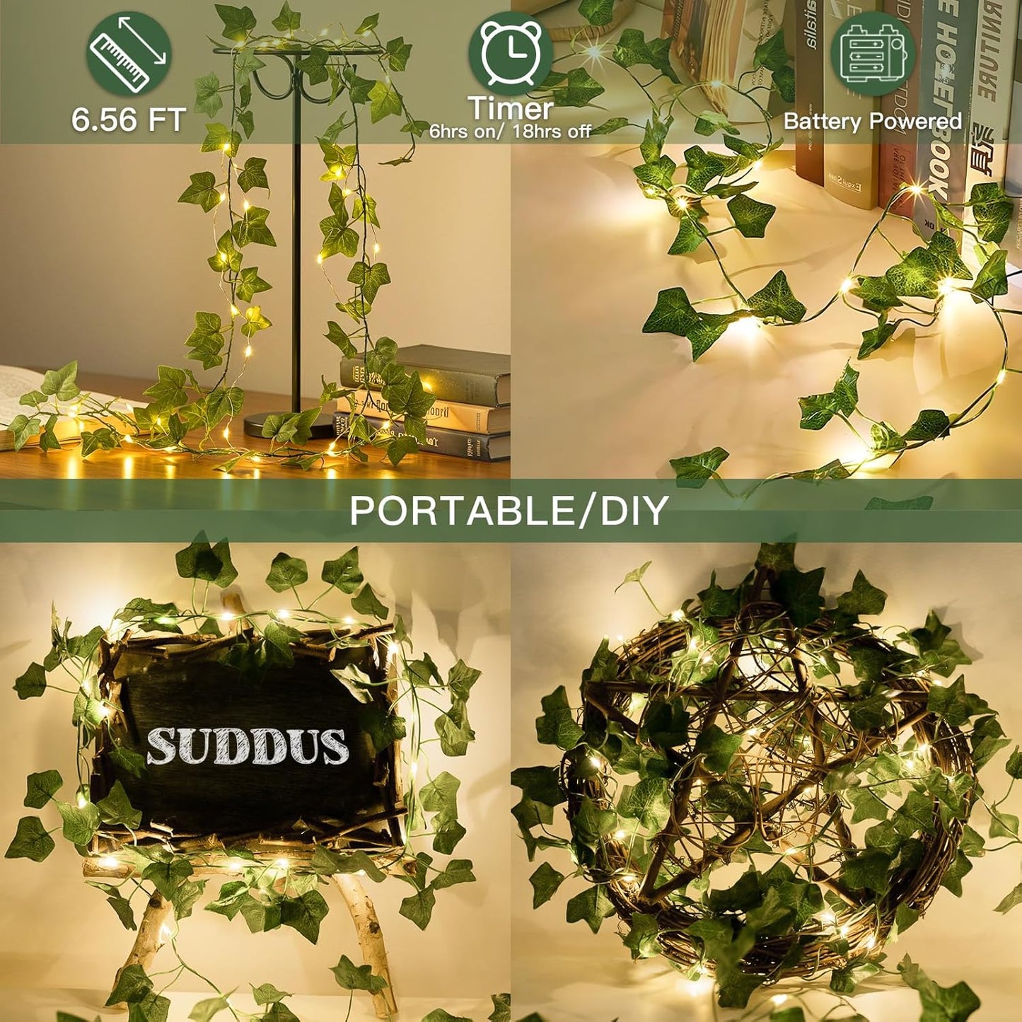 Suddus Ivy Vines String Lights - 20 LED Battery Operated Fairy Lights with Timer | 6.56FT Warm White Decor for Bedroom, Garden, Party, Wedding