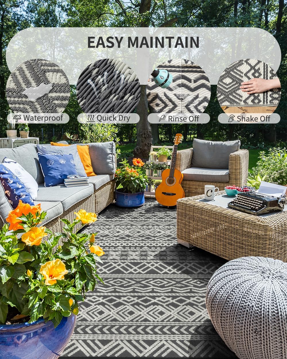 MontVoo Outdoor Rug - Waterproof Reversible 5x8 Patio Mat for RV, Camping, Beach, Boho Grey