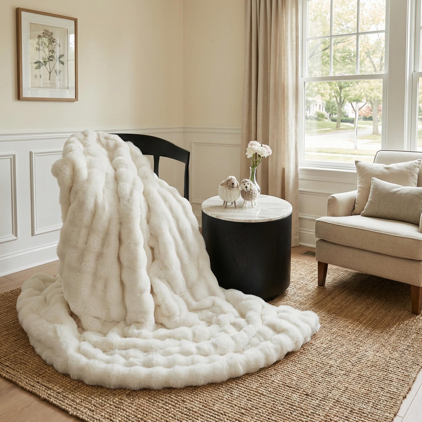 SpottedCozy Bubble Cuddle Twin Blanket for Couch Bed, Faux Fur Ultra Soft Plush Cozy Blanket for Home Bed Office Airplane RV, Machine Washable Easy Care for Women Girls, 60" x 80" Cream White