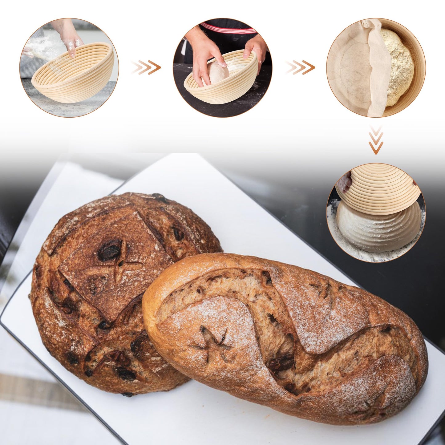 E-far Bread Proofing Basket Set of 2, 9 Inch Round Dough Bowls for Rising, Sourdough Bread Baking Supplies with Liners for Home and Professional Baking