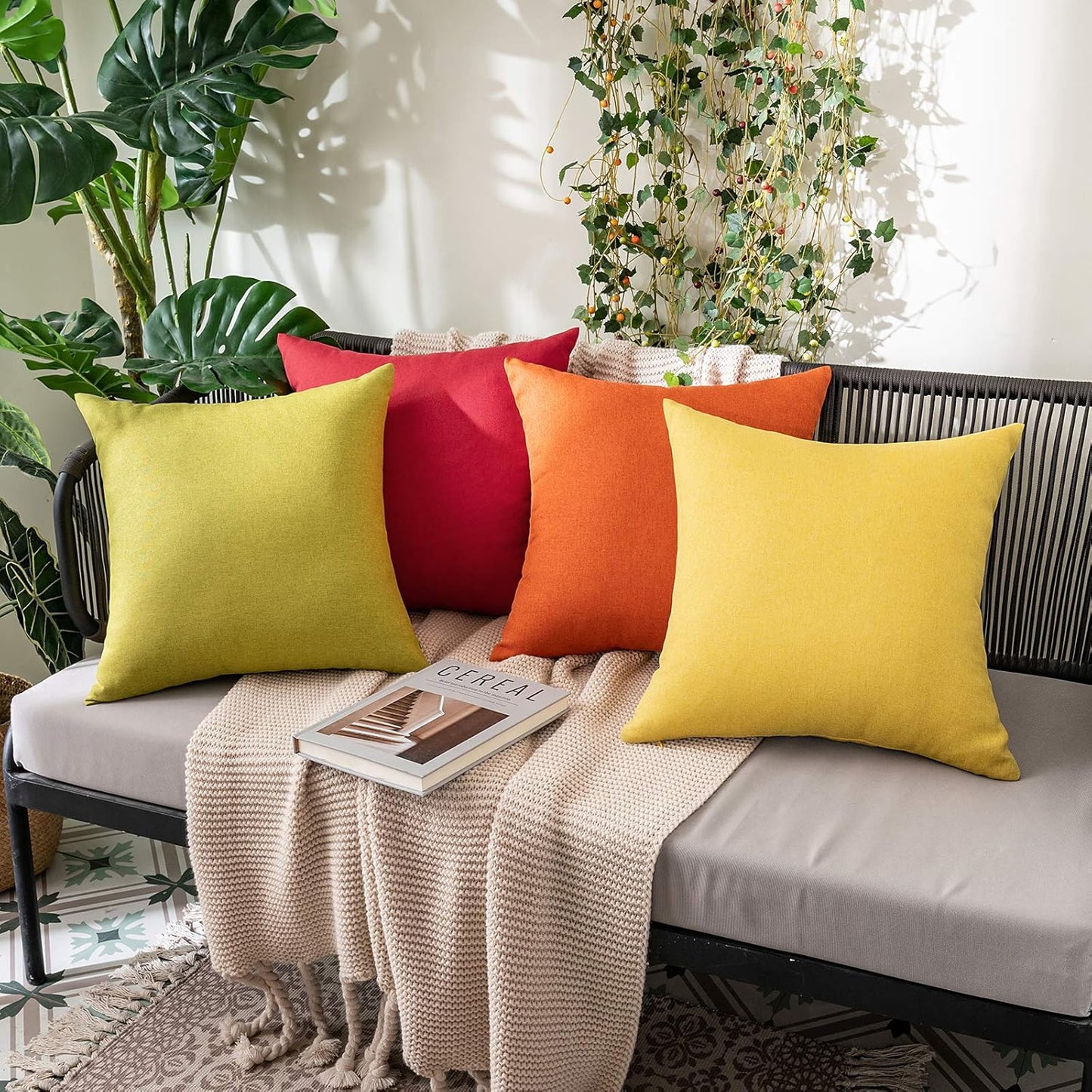 MIULEE Decorative Outdoor Throw Pillow Covers - Waterproof Faux Linen Cushion Cases | 24x24 Inch Green, Set of 2
