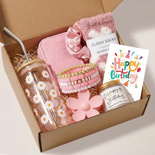 Birthday Gifts for Women, Gift Set for Her, Teen Girl, Sister, Daughter - Daisy Gift Box with Glass Cup | 10pc Self-Care Present, Womens Birthday Gifts, Gift Boxes
