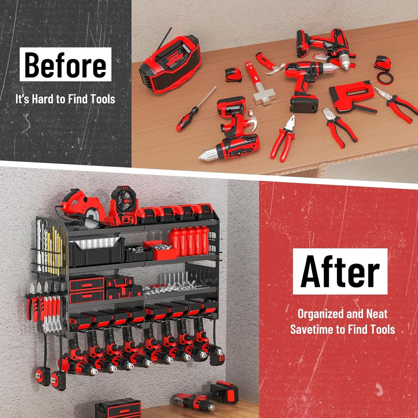 Large Power Tool Organizer by [Brand Name] - Heavy Duty Wall Mount with Charging Station & 8 Drill Holders | Black